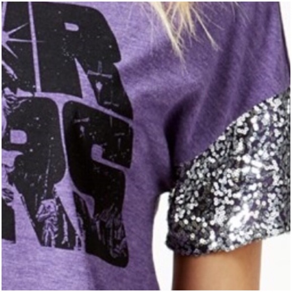 Star Wars Logo Silver Sequin Sleeve Purple Shirt - Picture 2 of 8